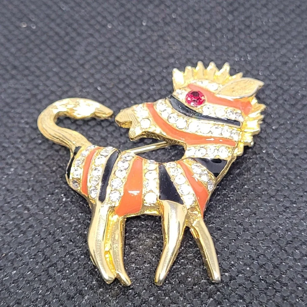 Zebra Brooch Enamel Rhinestone Animal‎ Pin Gold Tone Orange Stripe